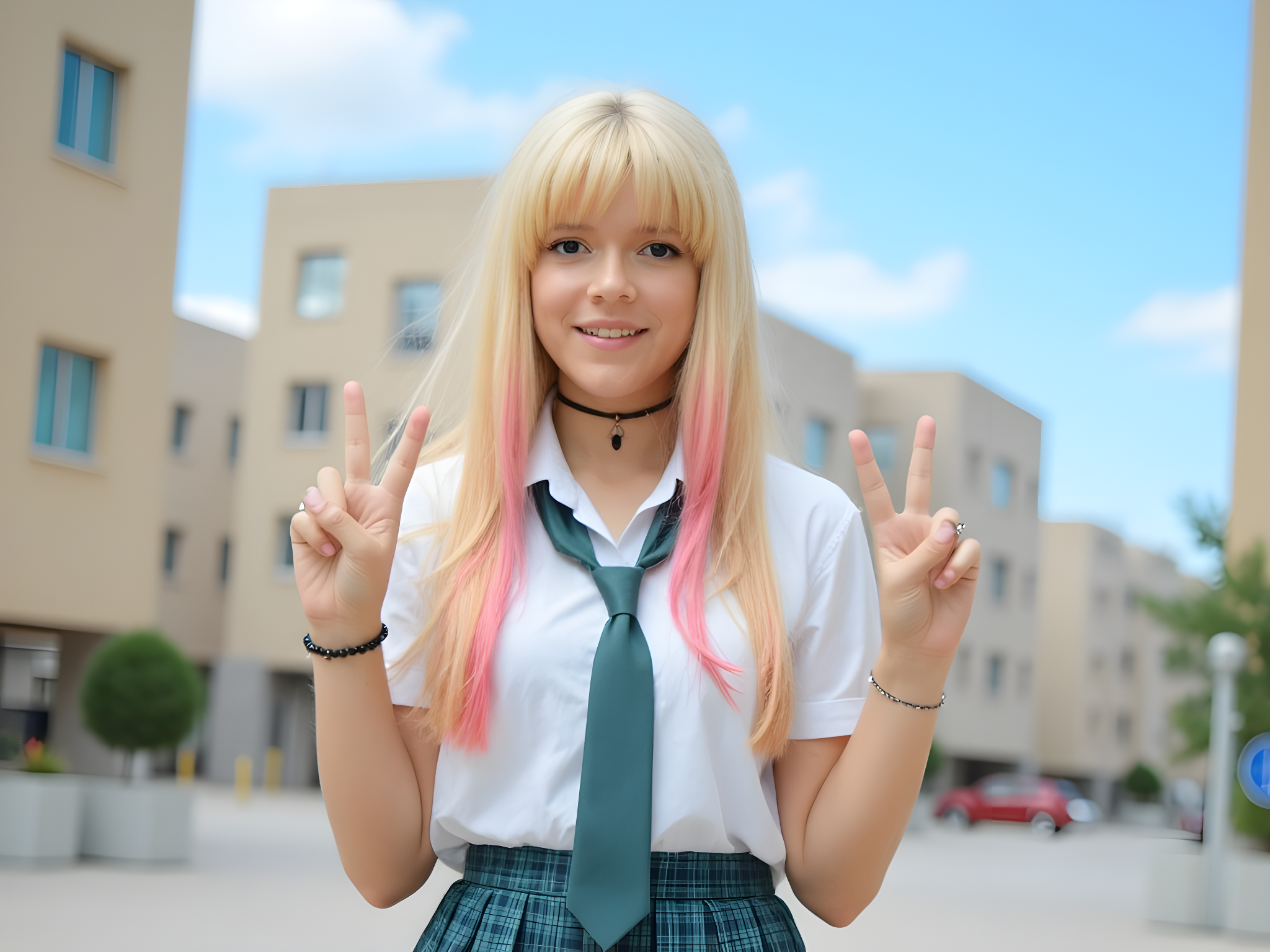 Cheerful student with pink highlights in hair showing peace signs, wearing school uniform and standing on a campus with modern buildings.