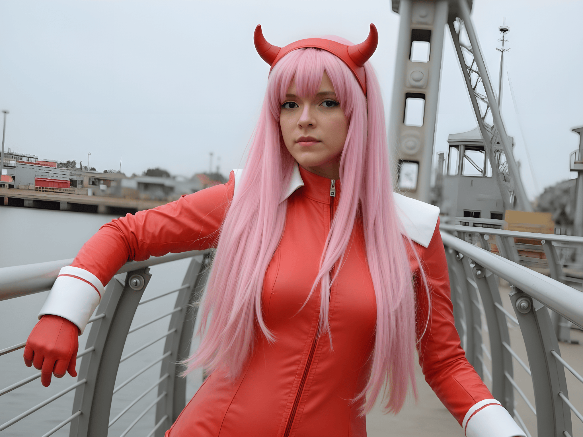Cosplayer in a red outfit with pink hair and devil horns posing on a bridge.