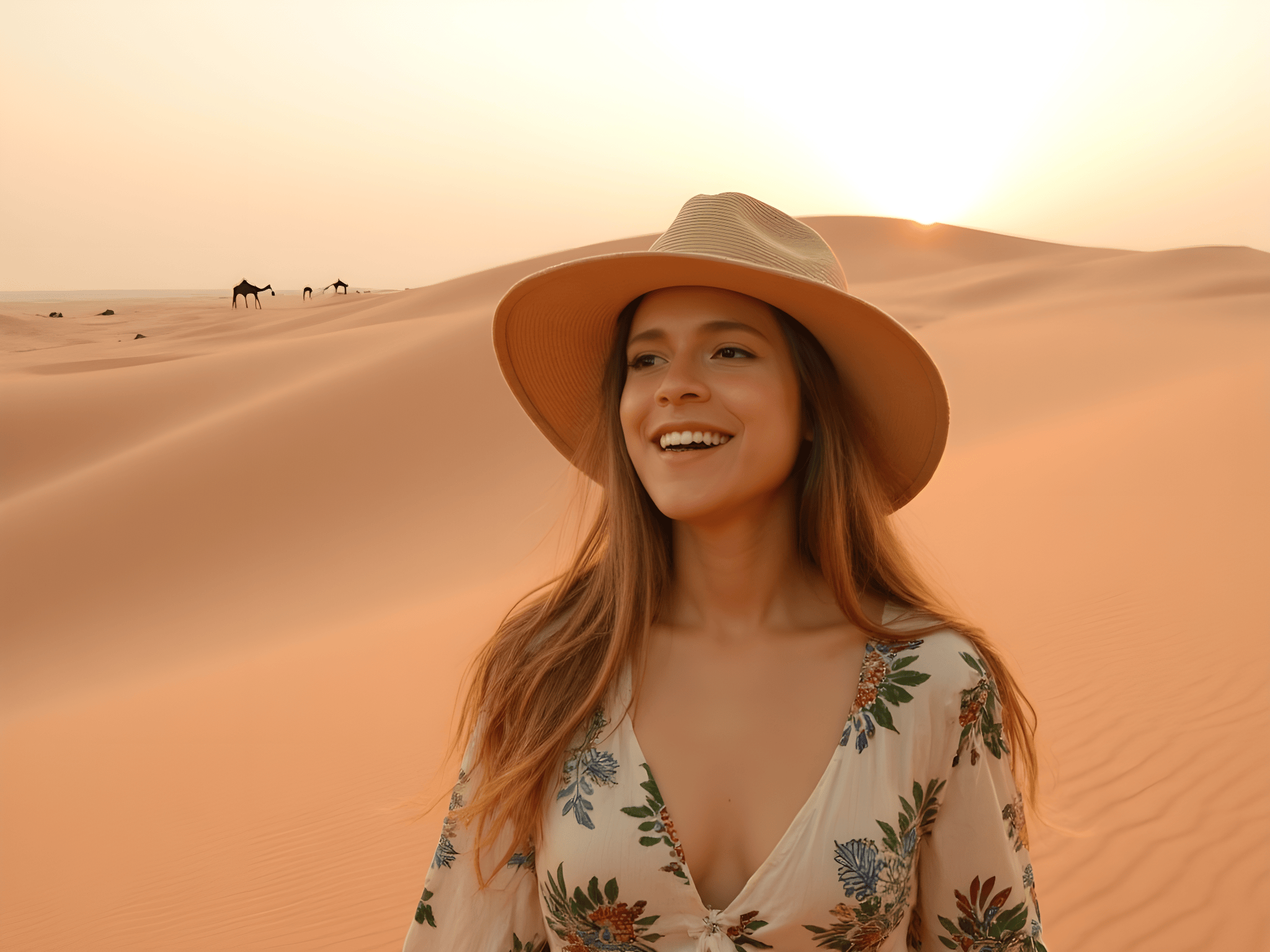 Smiling woman in a floral dress and wide-brimmed hat standing in a desert at sunset, with camels in the background.