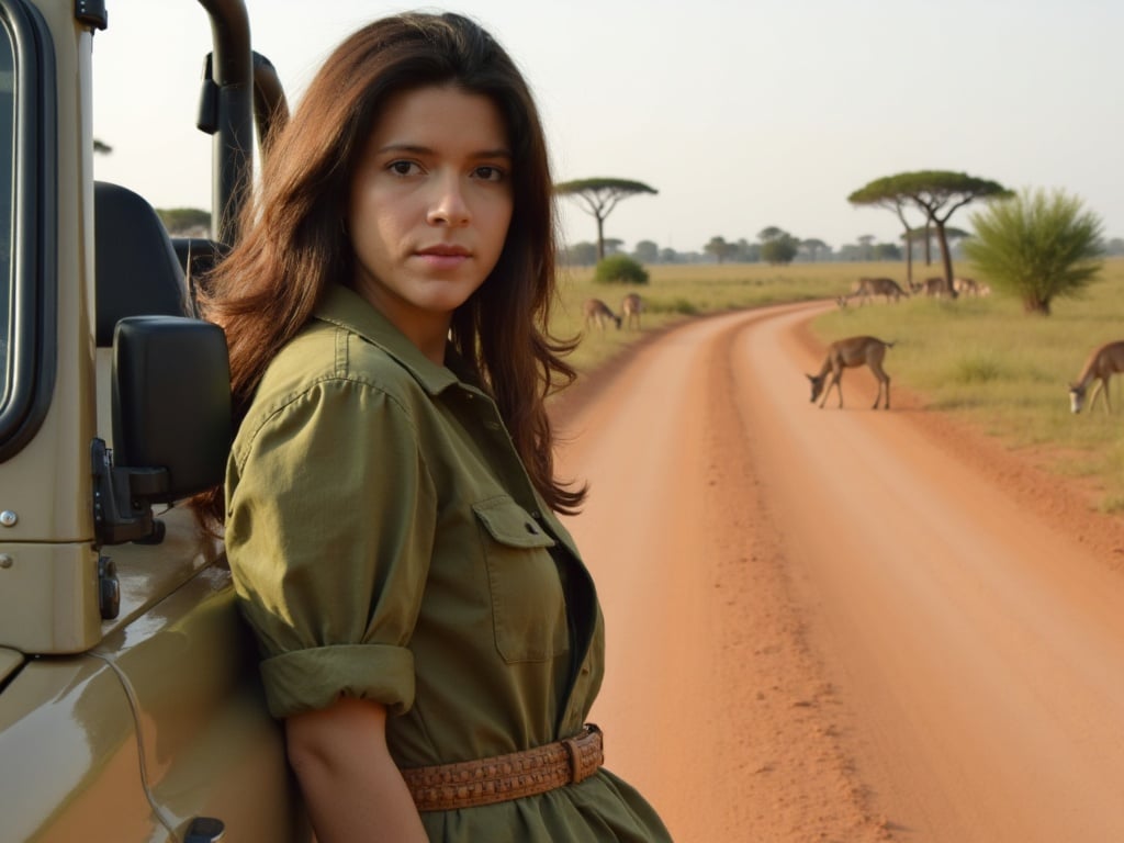 Young woman in an olive green shirt leaning against a jeep on a dirt road, surrounded by wildlife and savannah landscape.