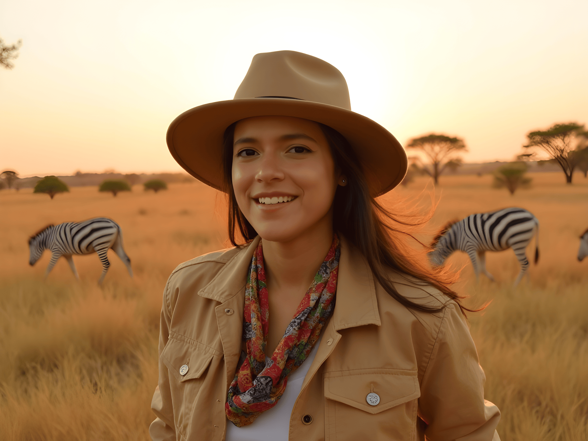 Smiling young woman in safari attire with a hat and colorful scarf, standing in golden grasslands with zebras in the background during sunset.