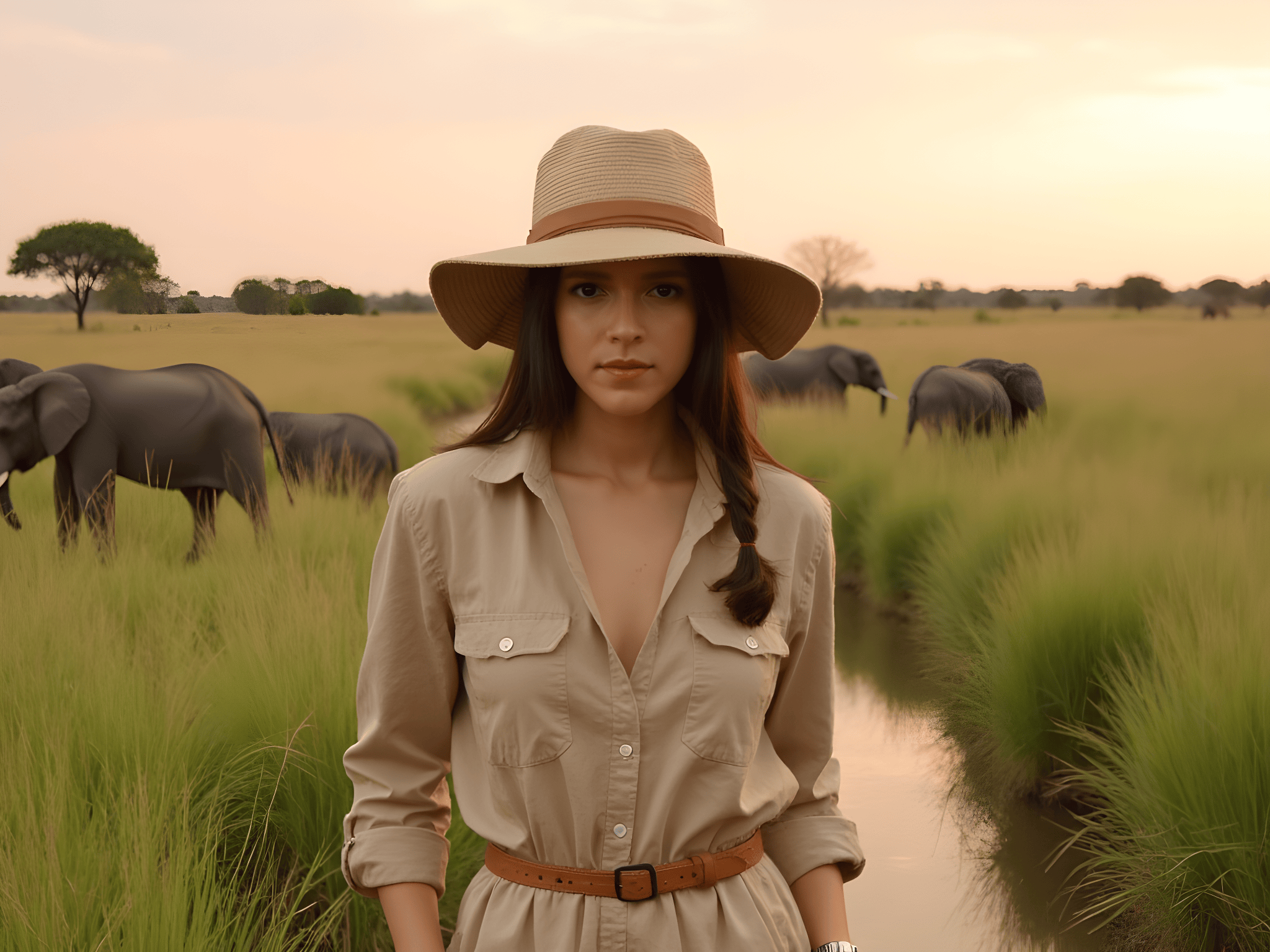 Young woman in safari attire with a wide-brimmed hat standing in a grassy landscape with elephants at sunset.