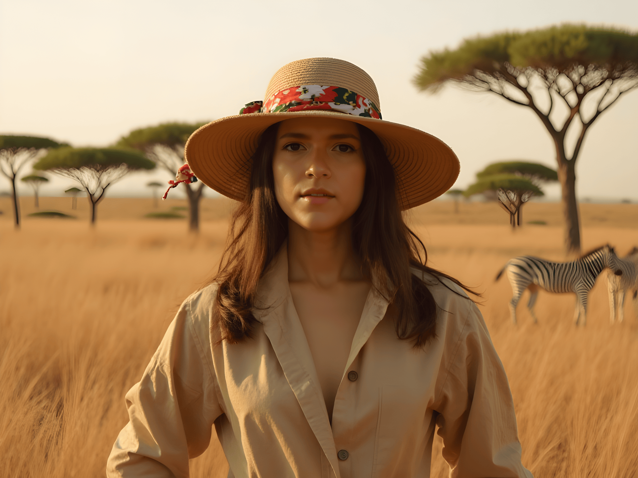 Young woman in a wide-brimmed hat standing in a golden grassland with zebras in the background, against a serene sunset.
