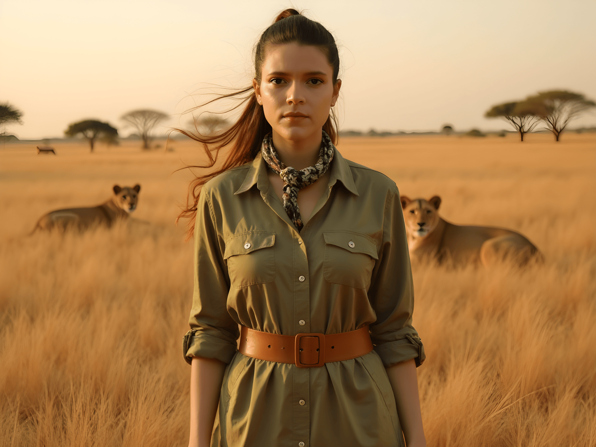 Confident woman in a green shirt and scarf standing in a golden savanna with lions in the background during sunset.