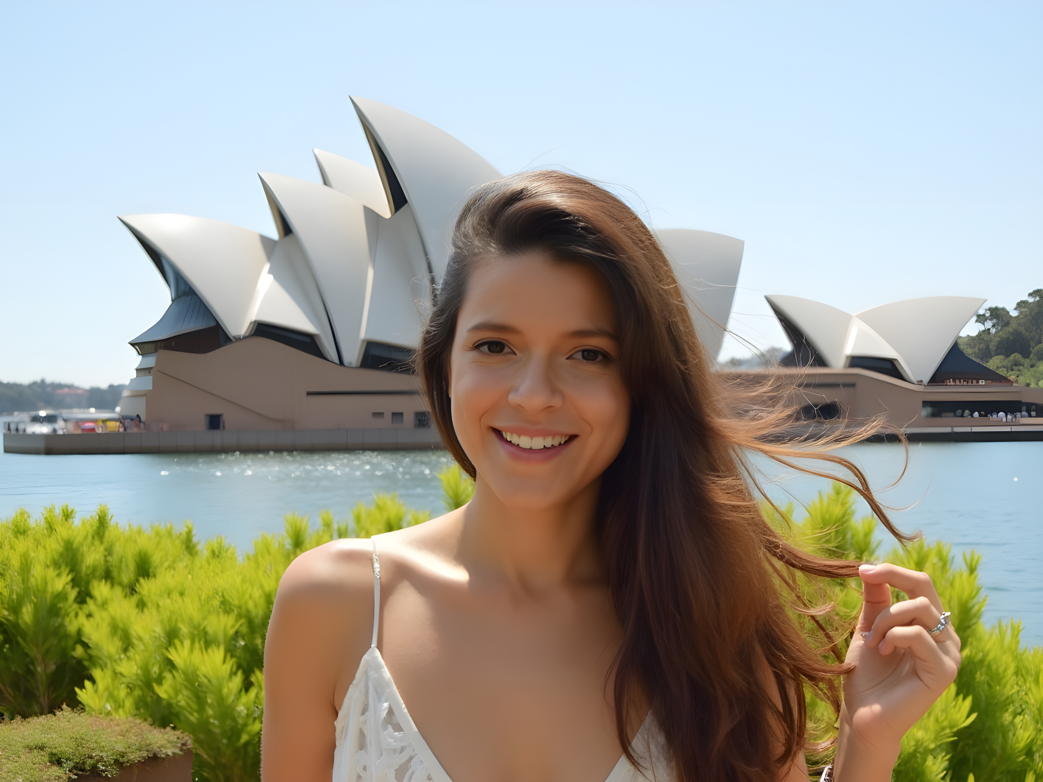 Smiling woman with long hair in front of the Sydney Opera House, bright sunny day.