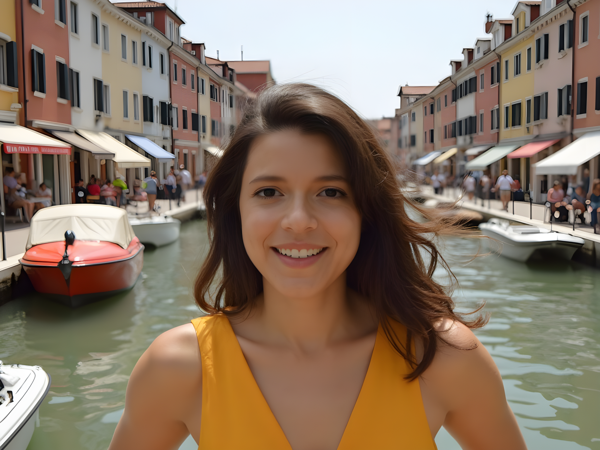 Young woman smiling in a yellow dress by a colorful canal with boats and charming waterfront buildings in the background.