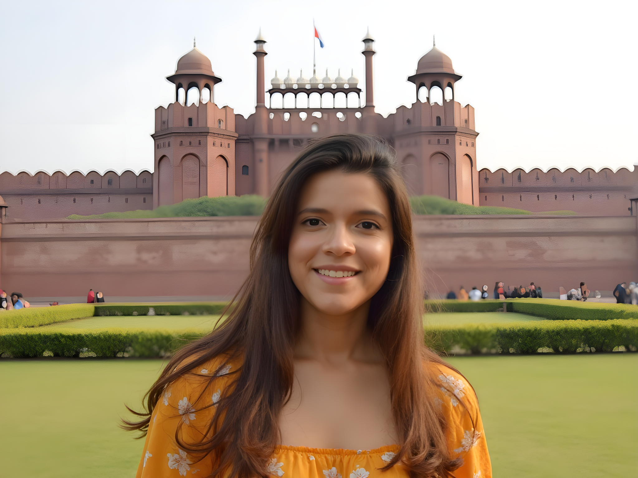Smiling woman in an orange dress in front of the Red Fort in Delhi, India, surrounded by lush greenery and visitors.