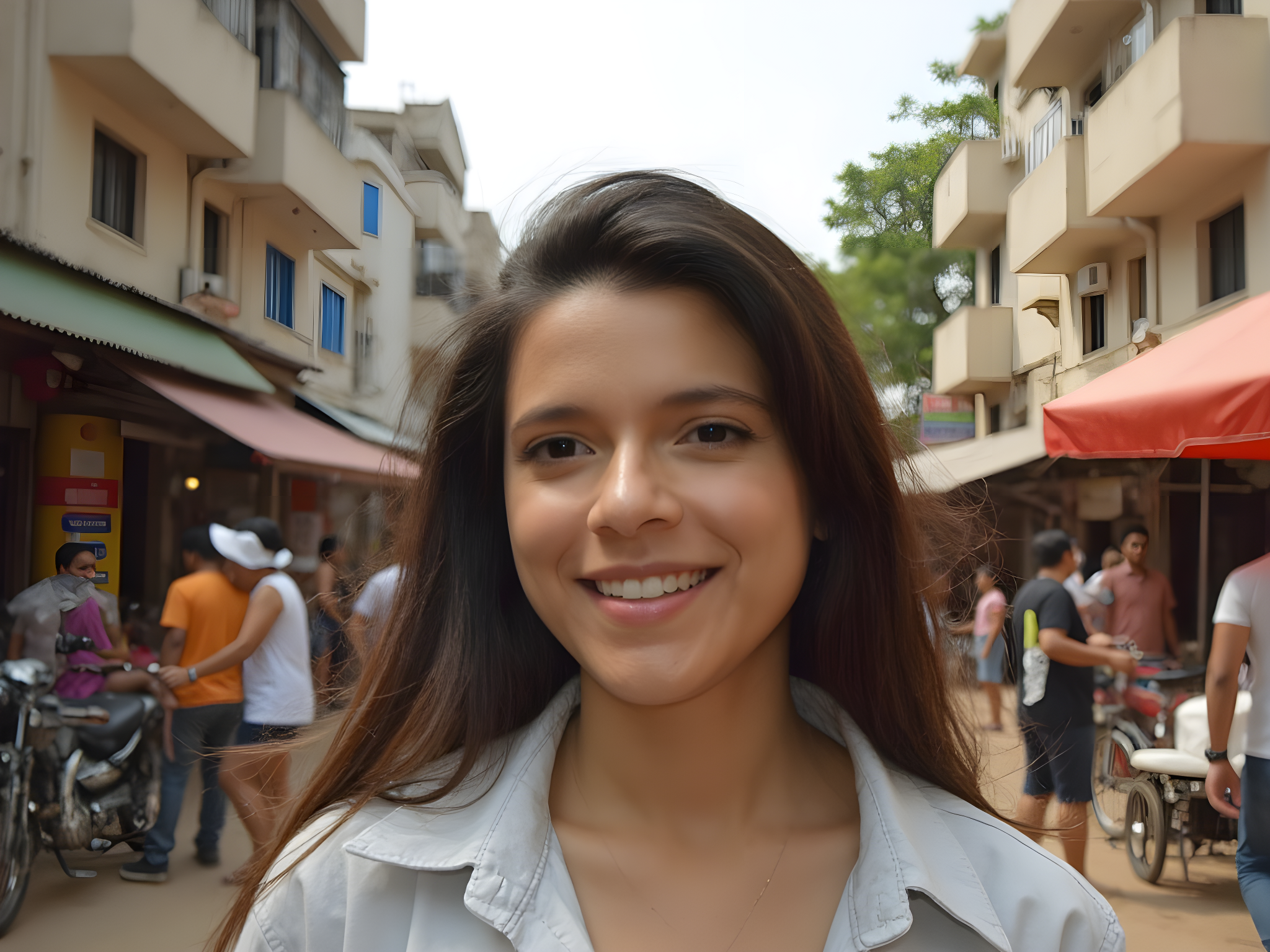 Smiling woman in a bustling street market with shops and pedestrians in the background.