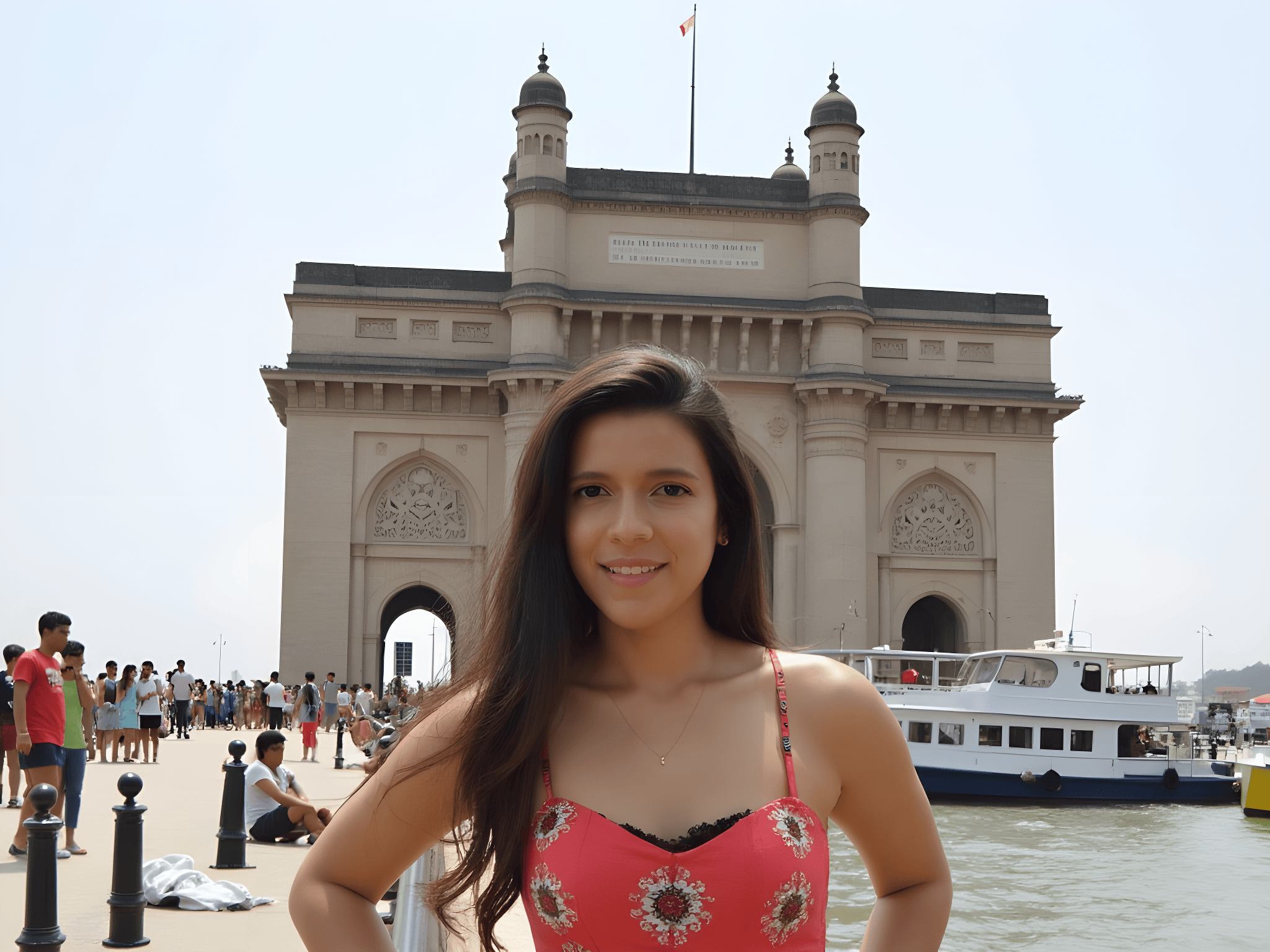 Young woman in a floral dress standing in front of the Gateway of India, with tourists and boats in the background.