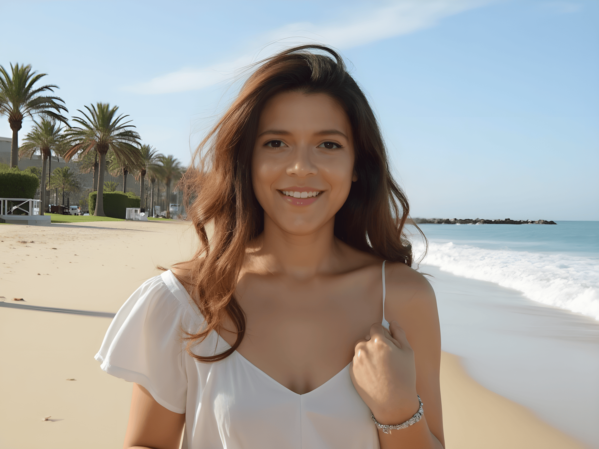 Young woman smiling at the beach with palm trees and ocean in the background, wearing a white top.