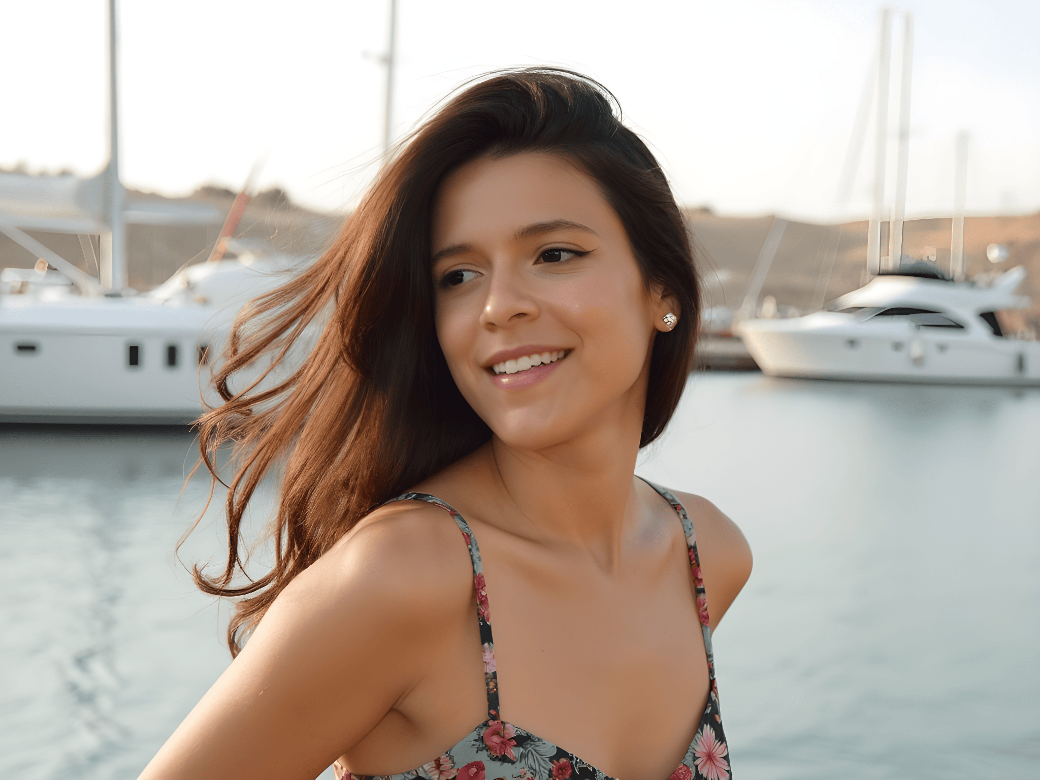 Young woman with long hair smiling by the marina, surrounded by yachts at sunset.