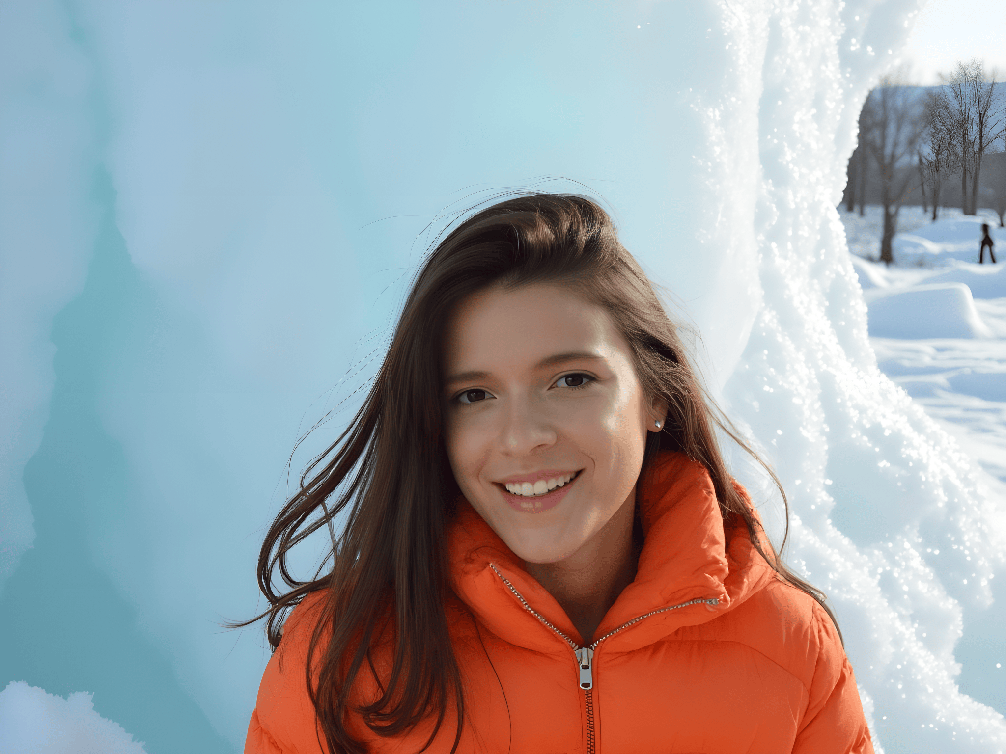Smiling young woman in an orange jacket standing in a winter landscape with icy blue background.