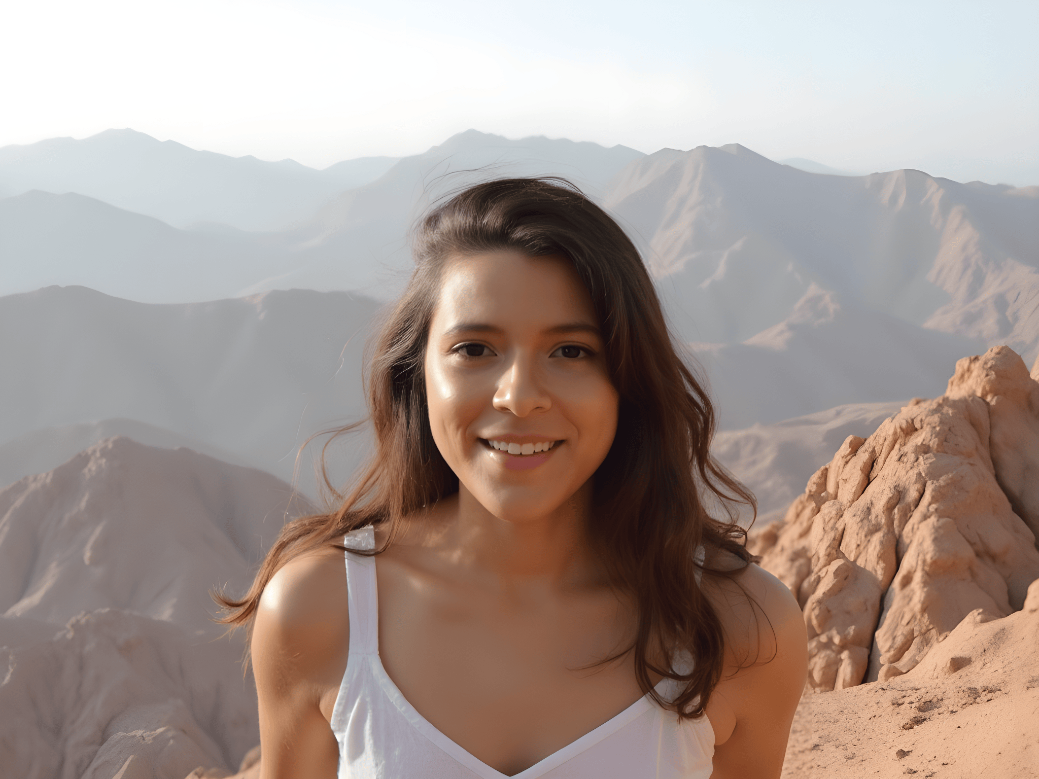 A woman smiles while standing on a rocky mountain ridge with scenic layered mountains in the background during sunset.