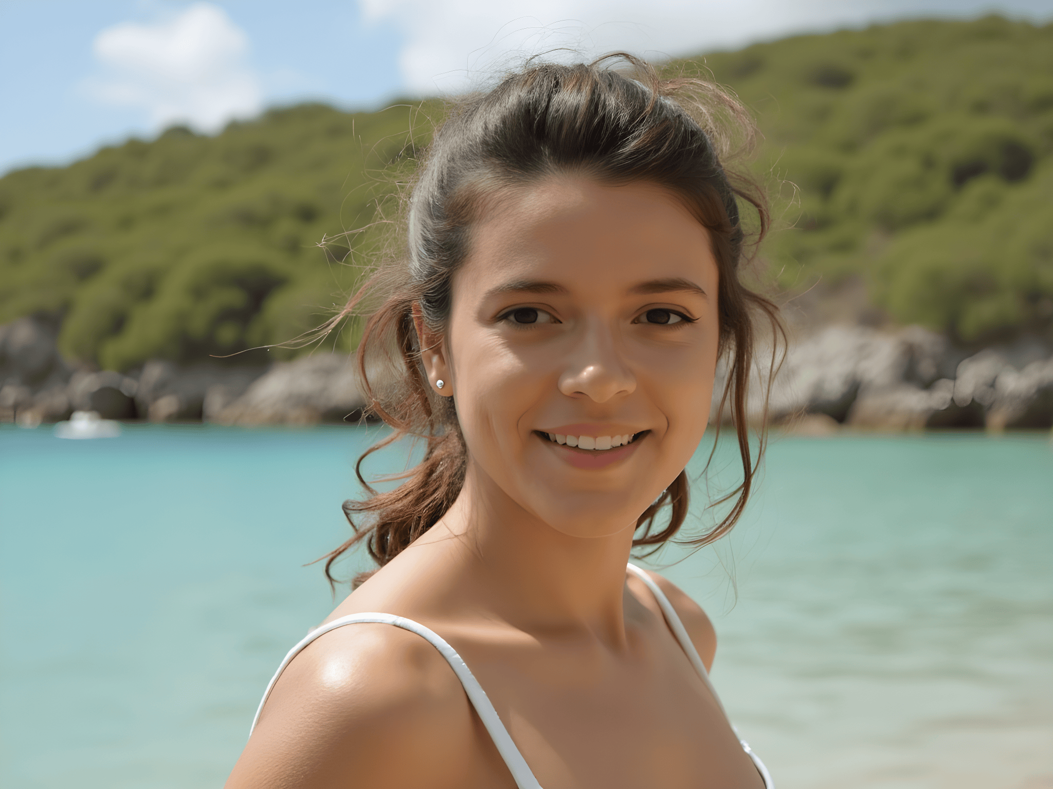 Young woman smiling at the beach with turquoise water and green hills in the background.