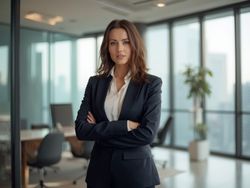 Sarah, a 25-year-old female professional, poses confidently in a modern corporate setting. She is dressed in a sleek business suit, exuding professionalism and determination. The background showcases a contemporary office space with sleek furniture and large windows, allowing natural light to illuminate her features. This image captures the essence of a young professional thriving in her career, embodying ambition and success. The atmosphere is dynamic and inspiring, reflecting the corporate world.